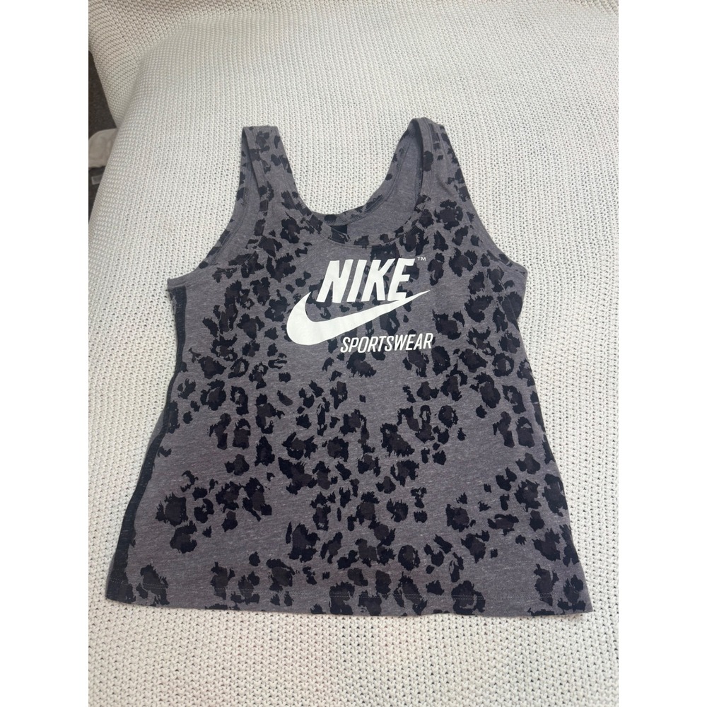 Nike Sportswear Womens Medium Gray Leopard Print Logo Tank Top Athleisure